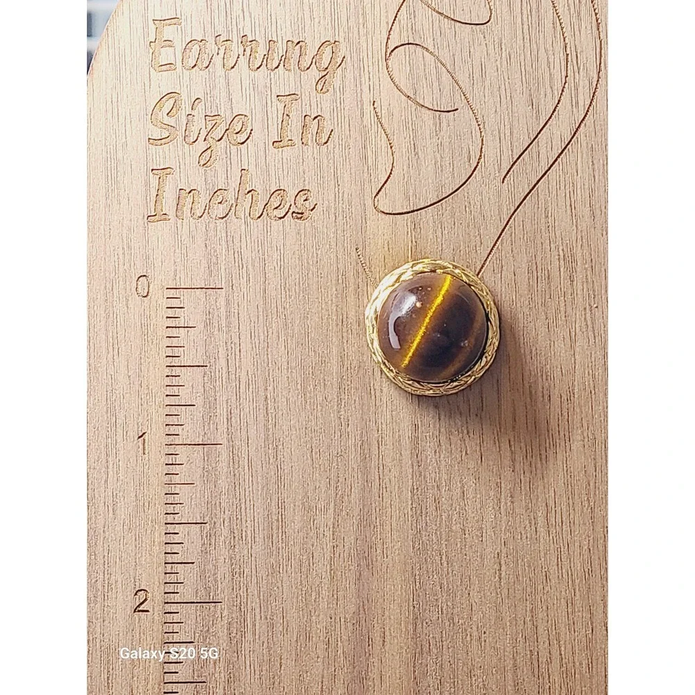 Vintage Style Gold Tone Tiger Eye Stud Earrings Round Braided Bezel Brown‎